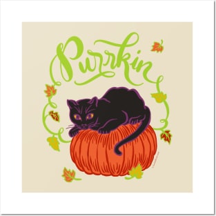 Funny Halloween Black Cat on Pumpkin Purrkin Fall Autumn Posters and Art